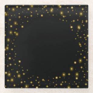 Gold or Yellow Sparkles and Stars on Black Glass Coaster