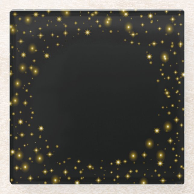 Gold or Yellow Sparkles and Stars on Black Glass Coaster (Front)