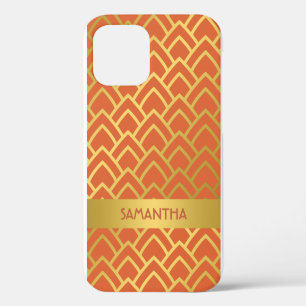 Gold Orange Art Deco Geometric Personalized Name iPhone 12 Case
