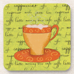 Gold Orange Coffee Art on Lime Green Script Words Coaster