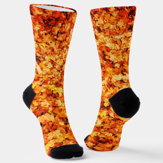 Gold orange fall autumn maple leaves socks (Angled)