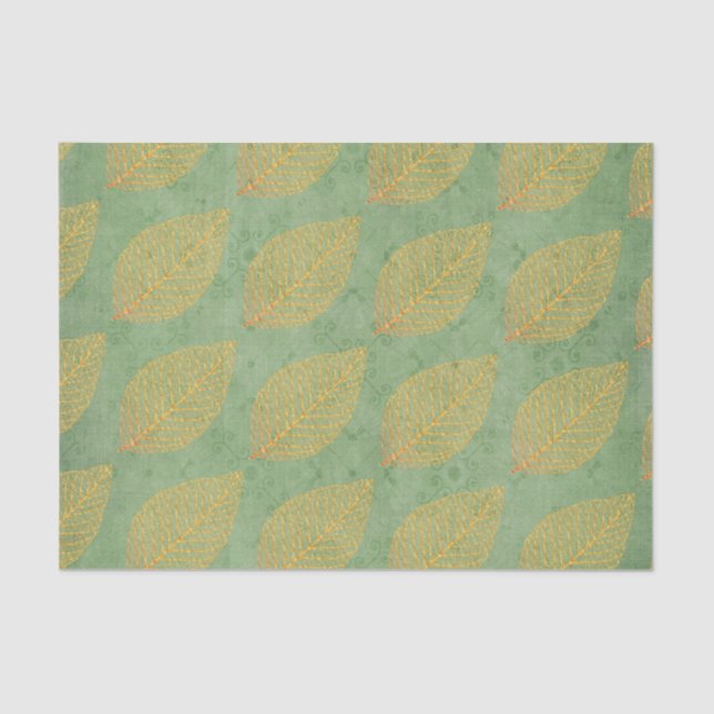 Gold Orange Fall Leaf Leaves on Green Decoupage Tissue Paper (Front)