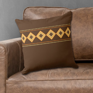 Gold Orange Geometric Diamond Border Brown  Throw  Pillow