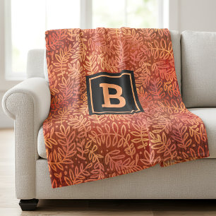 Gold orange leaf pattern foliage monogram modern fleece blanket