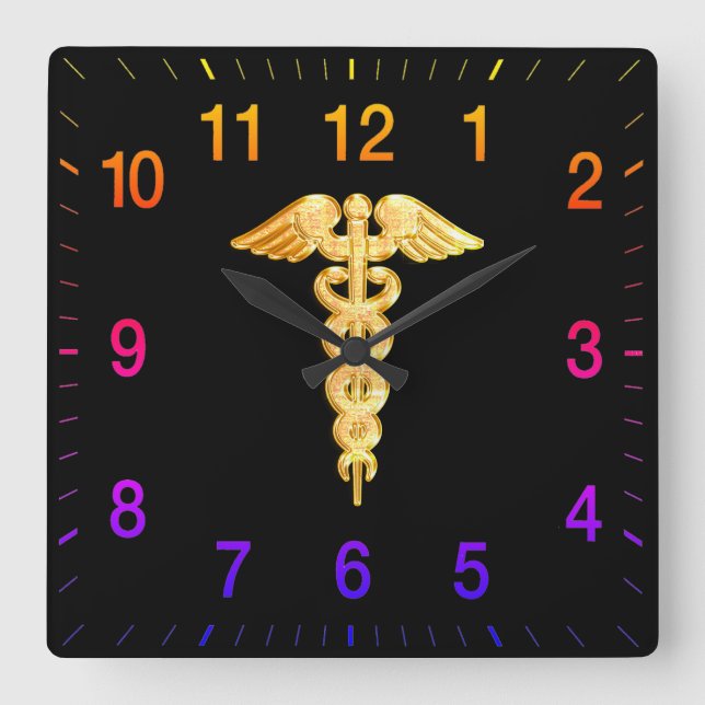 Gold orange medical alert badge square wall clock (Front)
