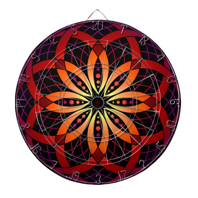 Gold orange purple radiating geometric mandala dartboard (Front)