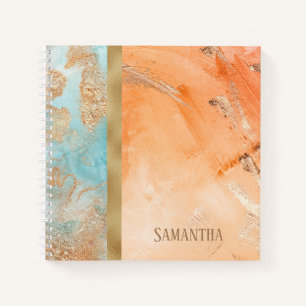 Gold Orange Turquoise Watercolor Abstract Name Notebook