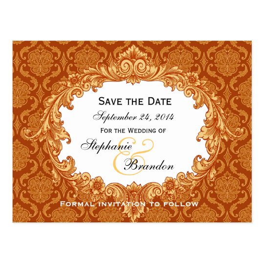Gold Orange Vintage Damask Wedding Save Date V34 Postcard