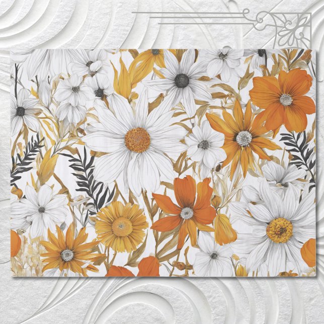 Gold Orange White Daisy Boho Wildflower Decoupage Tissue Paper (Creator Uploaded)