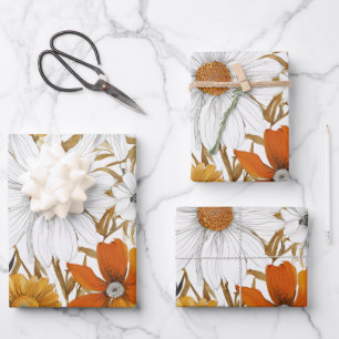 Gold Orange White Daisy Boho Wildflower Decoupage Wrapping Paper Sheet