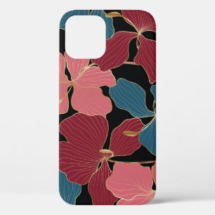 Gold orchids, elegant floral line art. iPhone 12 case
