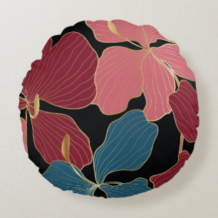 Gold orchids, elegant floral line art. round pillow