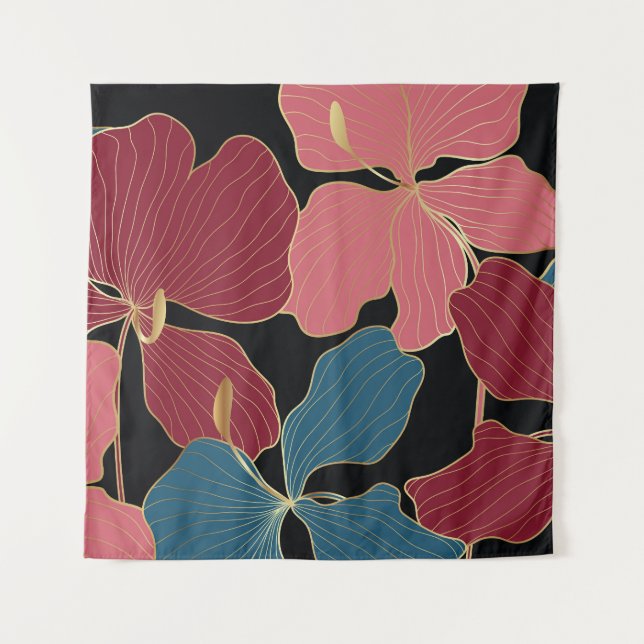 Gold orchids, elegant floral line art. tapestry (Front)