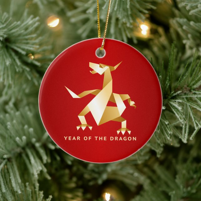 Gold Origami Year of the Dragon on Red 2012 Ceramic Ornament (Tree)