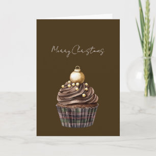 Gold Ornament Chocolate Plaid Cupcake Christmas Card