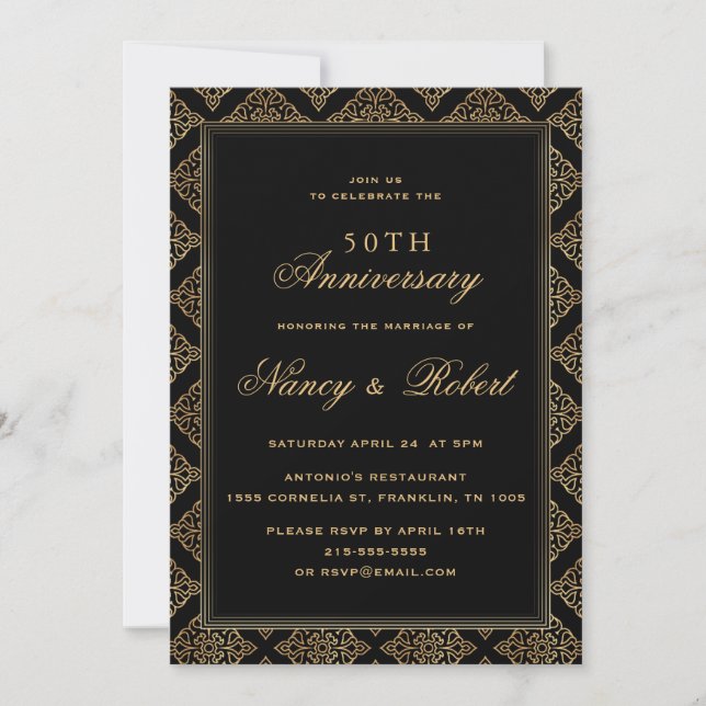 Gold Ornament Frame Black 50th Wedding Anniversary Invitation (Front)