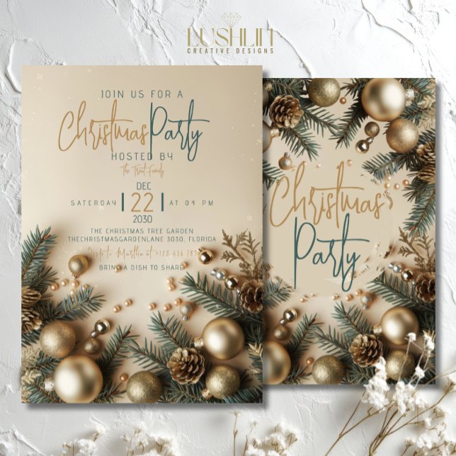 Gold Ornament with Greenery Holiday Christmas Invitation (Creator Uploaded)