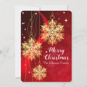 Gold Ornaments and Red Ribbon Holiday Card