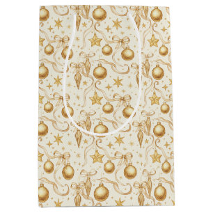 Gold Ornaments Bows Christmas Holiday Medium Gift Bag
