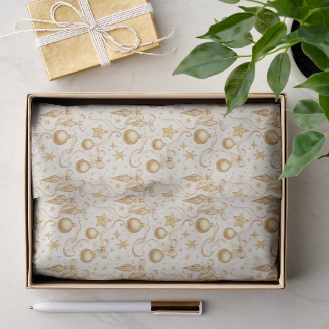 Gold Ornaments Bows Christmas Holiday Tissue Paper (Gift)