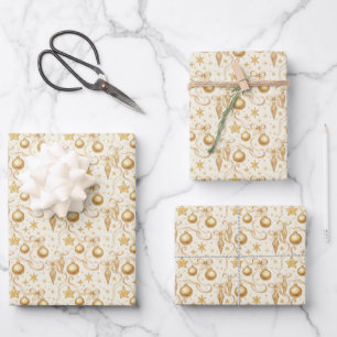 Gold Ornaments Bows Christmas Holiday Wrapping Paper Sheet