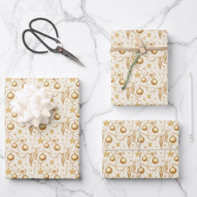 Gold Ornaments Bows Christmas Holiday Wrapping Paper Sheet (Front)