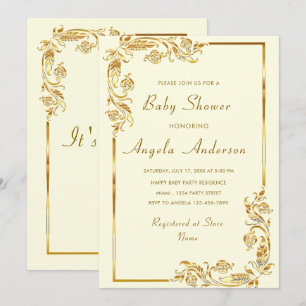 Gold Ornaments Framed Baby Boy Shower Invitation