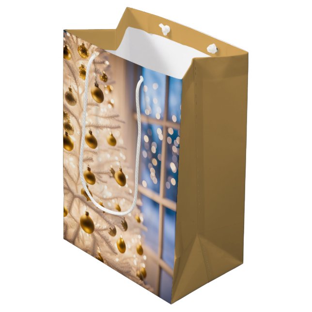 Gold Ornaments On A White Christmas Tree Medium Gift Bag (Front Angled)