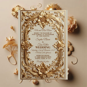 Gold Ornate Baroque Grandeur Floral Motif Wedding Invitation