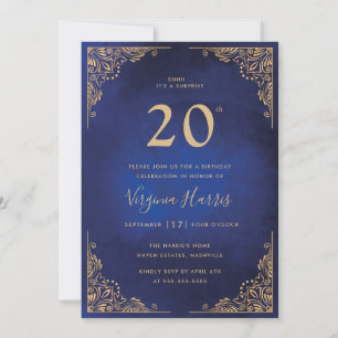 Gold Ornate Border Blue Twenty 20th Birthday Invitation