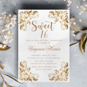 Gold Ornate Corner Cream Sweet Sixteen 16 Birthday Invitation