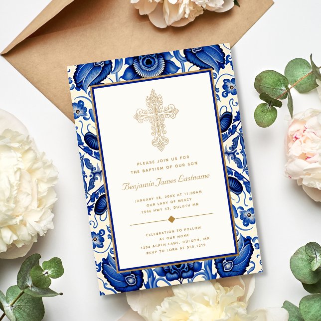 Gold Ornate Cross Blue Mediterranean Tile Baptism Invitation (Creator Uploaded)