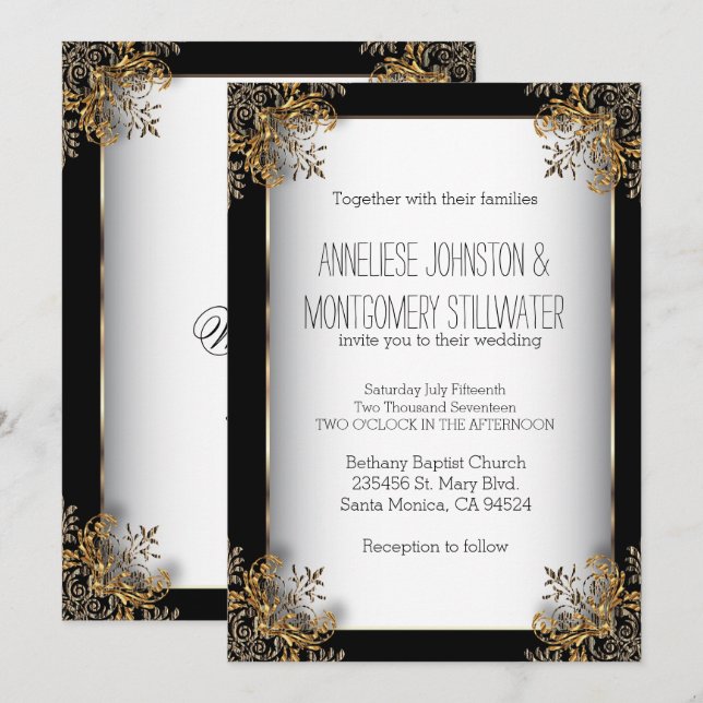 Gold Ornate Design on Black & White Invitation (Front/Back)