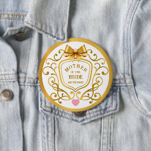 Gold Ornate Filigree & Bow Mother of the Bride 4 Inch Round Button