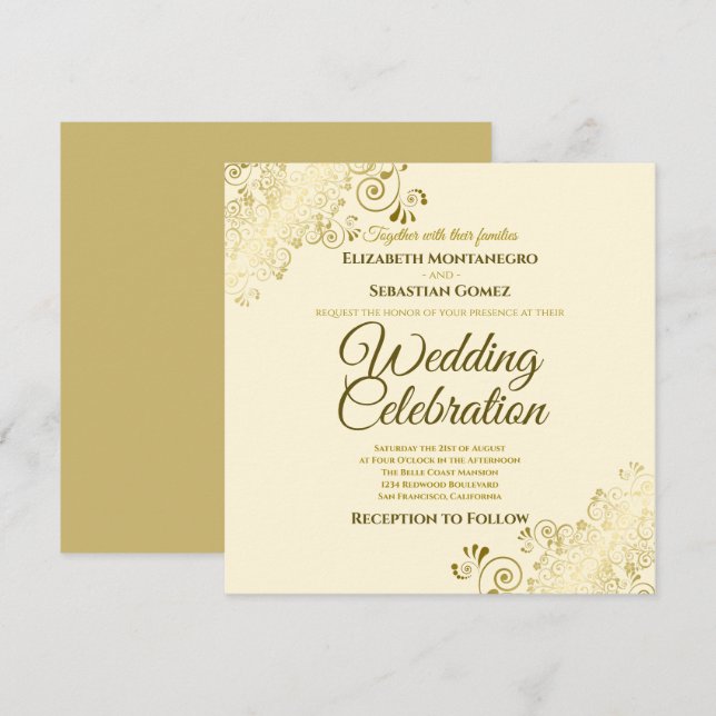 Gold Ornate Filigree Elegant Cream Square Wedding Invitation (Front/Back)