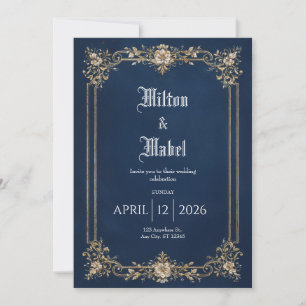 Gold Ornate Filigree Navy Blue Classic Wedding Invitation