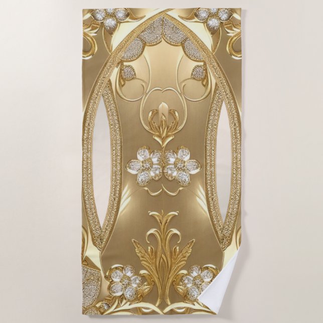 Gold Ornate Floral Beach Towel (Front)