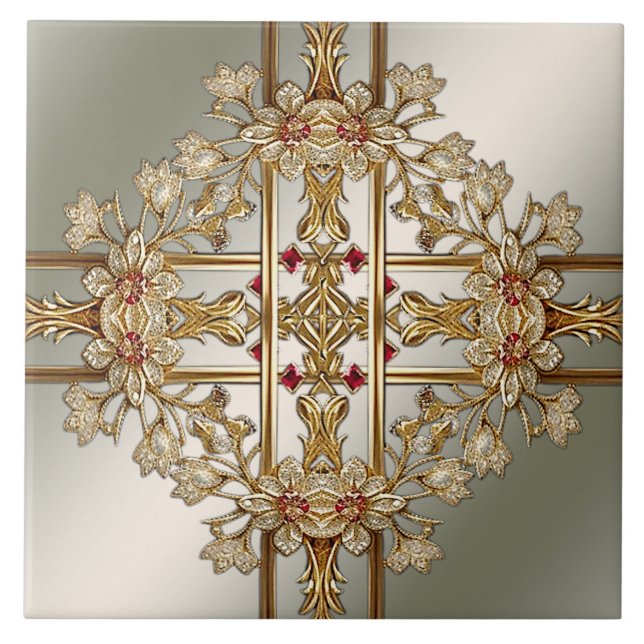 Gold Ornate Floral Ceramic Tile (Front)