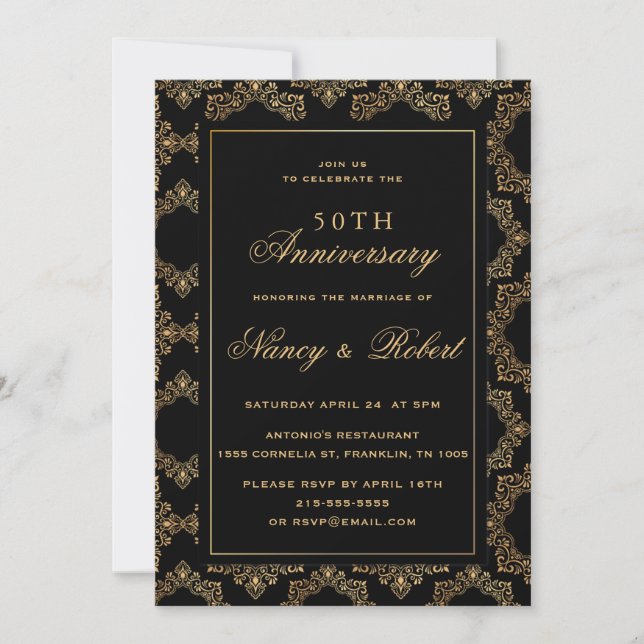 Gold Ornate Frame Black 50th Wedding Anniversary Invitation (Front)