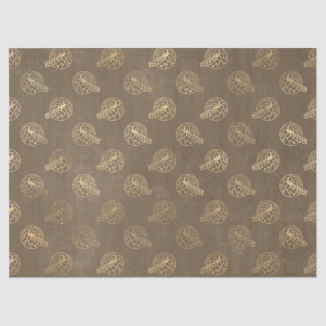 Gold Ornate Peacocks on Brown Decoupage Tissue Paper (Front)