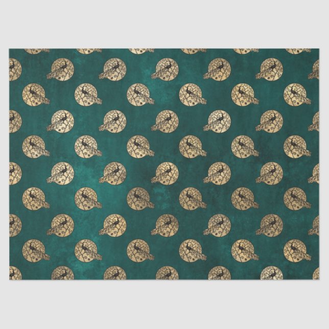 Gold Ornate Peacocks on Green Decoupage Tissue Paper (Front)