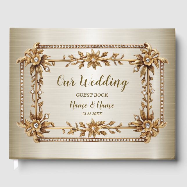 Gold Ornate Rectangle Dimond Flowers Shiny Elegant Guest Book (Front)