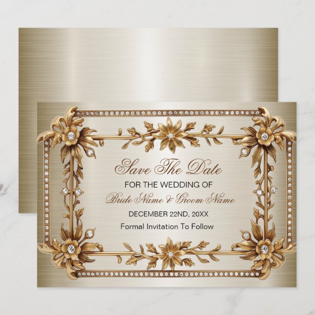 Gold Ornate Rectangle Dimond Flowers Shiny Save The Date (Front/Back)