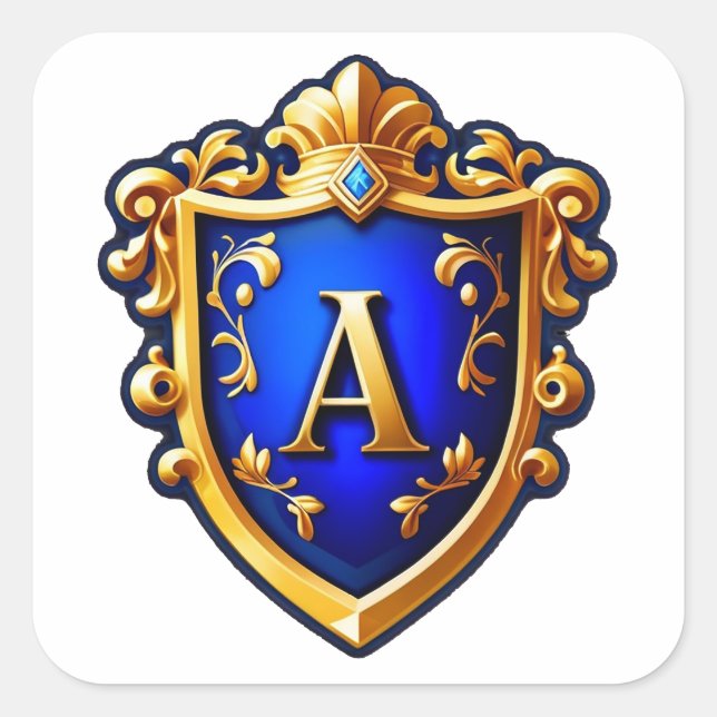 Gold Ornate Shield Crest With Letter A Square Sticker (Front)