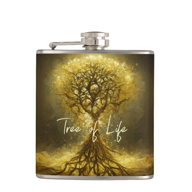 Gold Ornate Tree of Lif Ancient Rustic Flask (Front)