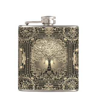 Gold Ornate Tree of Life Ancient Rustic Hip Flask