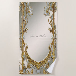 Gold Ornate White Floral Beach Towel
