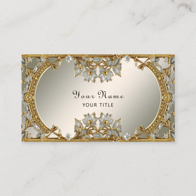 Gold Ornate White Floral Business Card (Front)