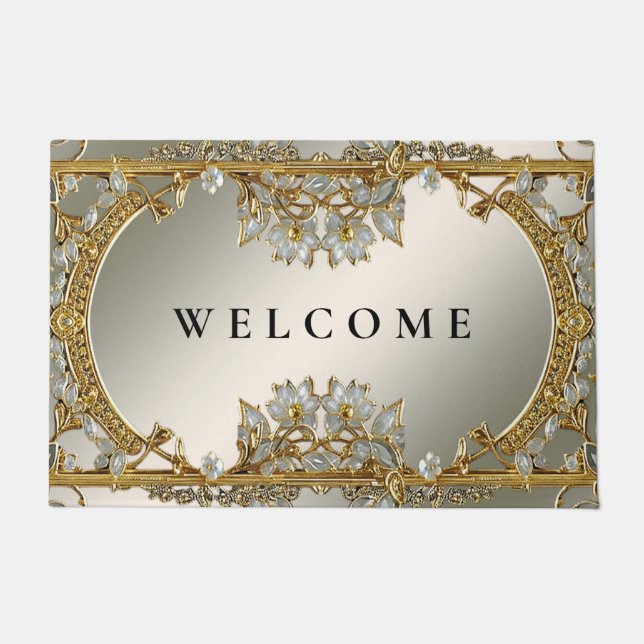 Gold Ornate White Floral Doormat (Front)