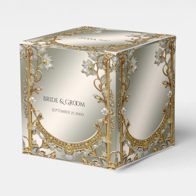 Gold Ornate White Floral Favour Box (Front Side)